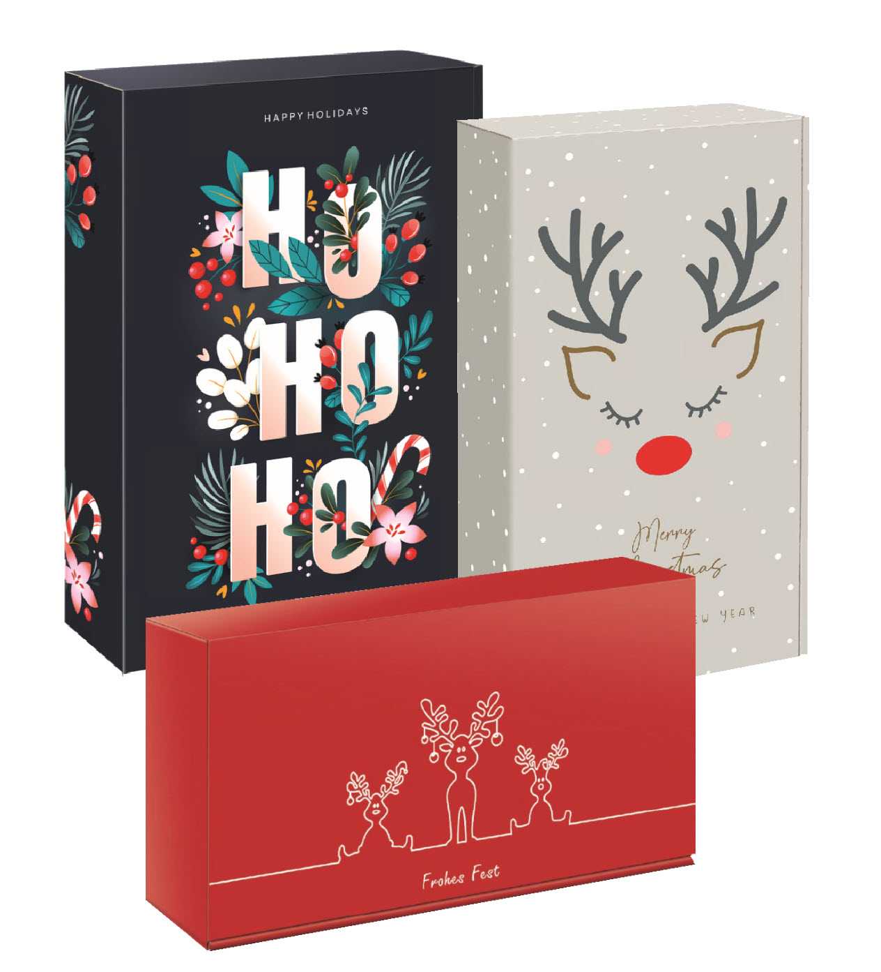 Diverse Geschenk-, Weinkartons (PV) mit Weihnachtsmotiv