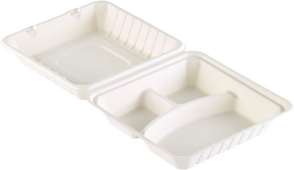 Menubox 350 / 2x120 ml, Bagasse, 236 x 231 x 81 mm, dreigeteilt, weiss, biologisch abbaubar